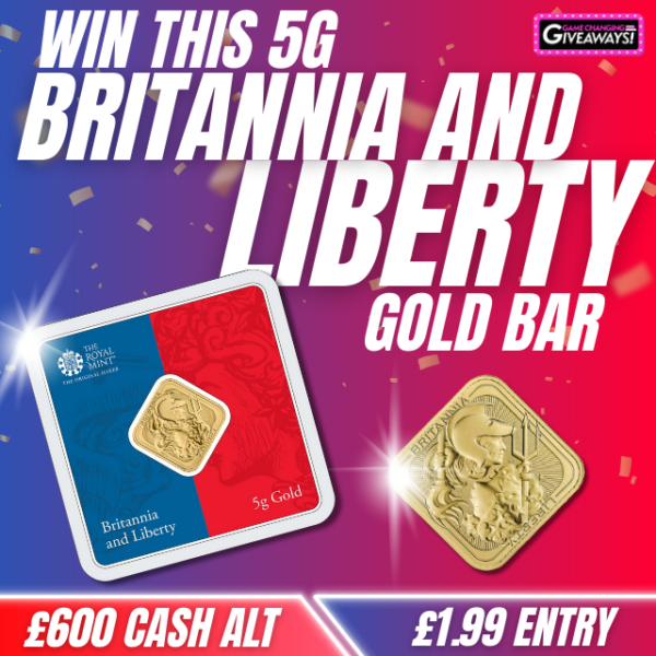 Britannia and Liberty 5g Gold Bar or £600 Cash alt